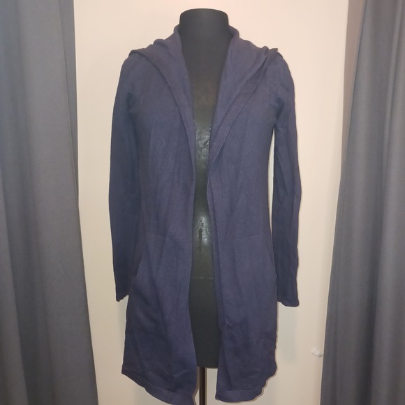 Cyrus Sweaters - Cyrus Navy Blue Hooded Open Front Cardigan Sweater Longline Pockets Womens M